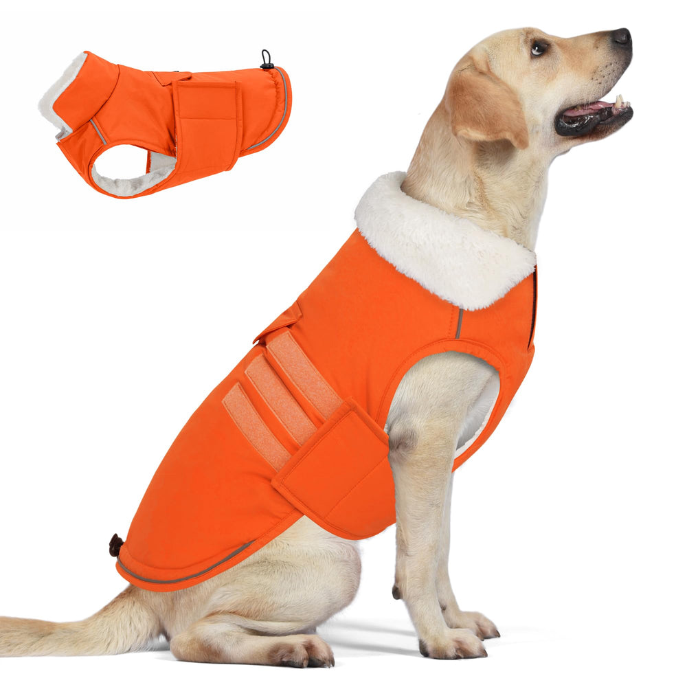 Mklhgty Extra Warm Dog Coat front view highlights cozy fleece and orange visibility for cold strolls.