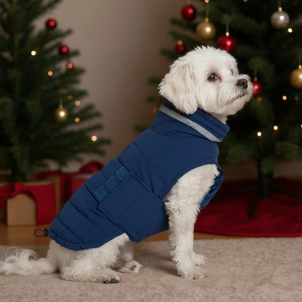 Mklhgty waterproof dog coat blue fit-guide image shows size options.