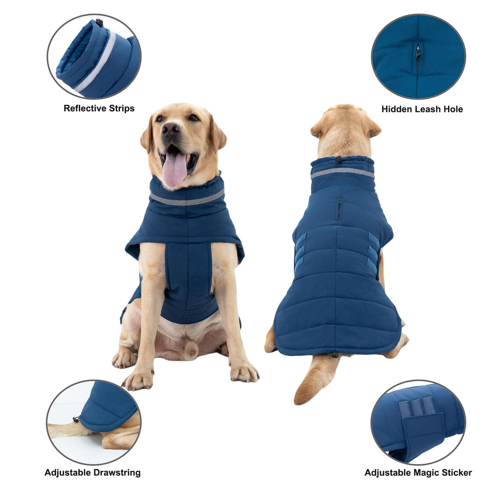 Mklhgty waterproof dog coat blue turtleneck detail enhances wind protection.