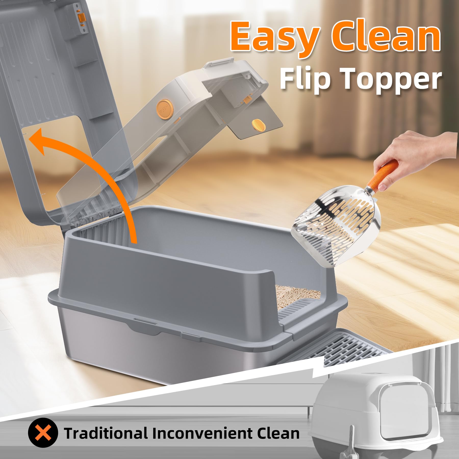 Mlazo removable hood on stainless steel litter box for flexible setups