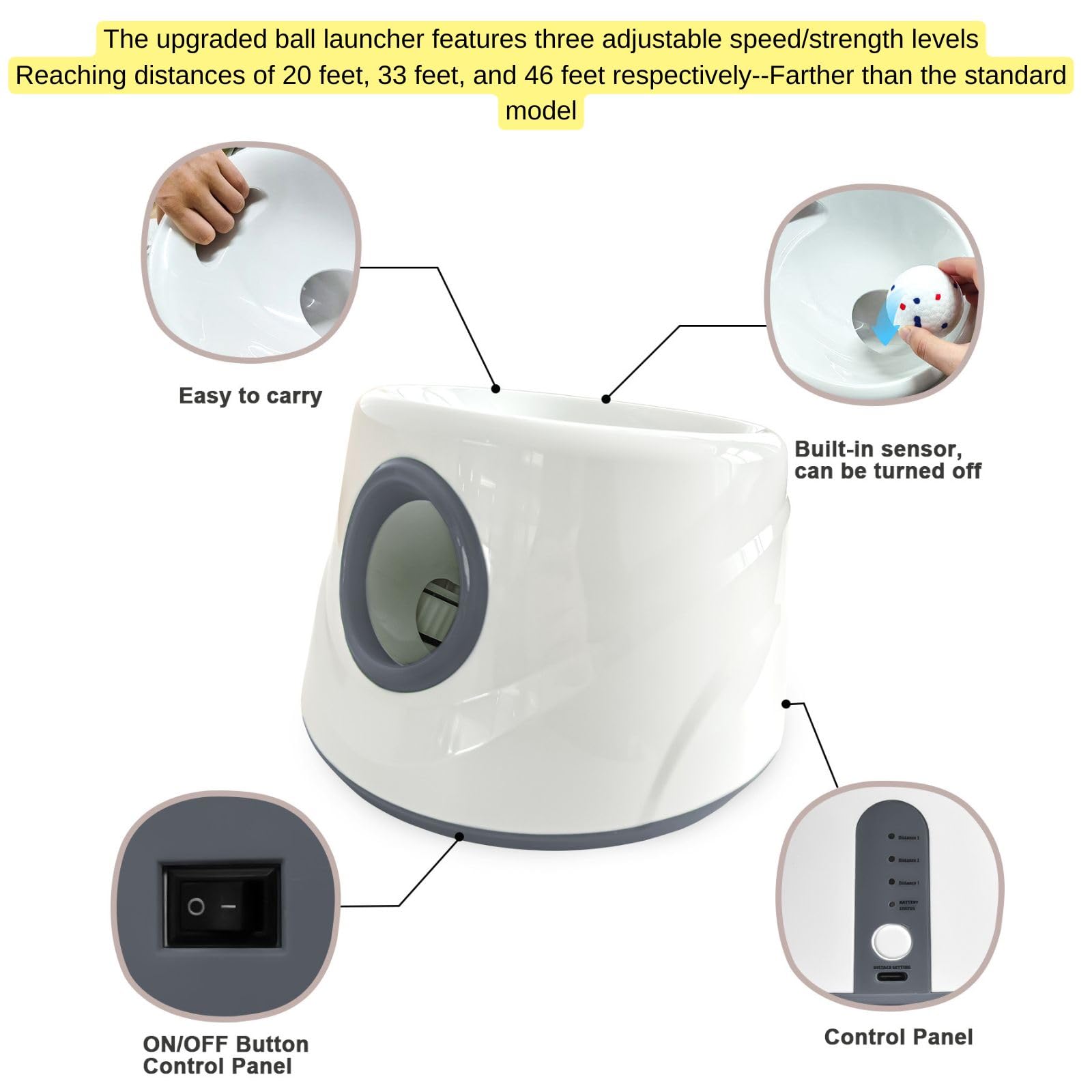 Mloowa ball launcher packaging contents include six balls and USB cable.