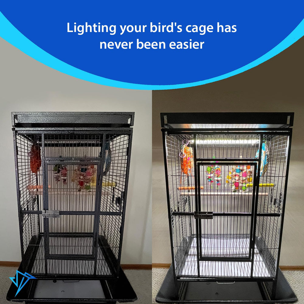 M&M Cage HappBird bird basking under natural-looking light.