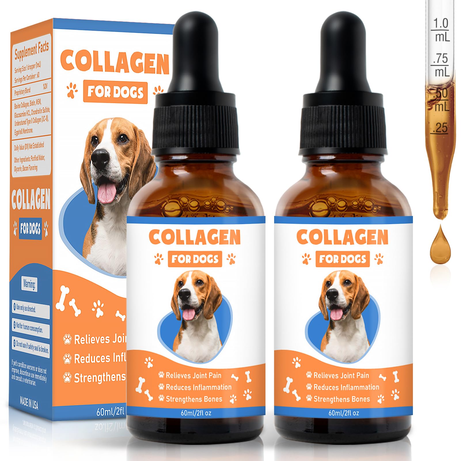 MNQAXZ collagen for dogs bottle front highlights a mild, natural formula for joint support.