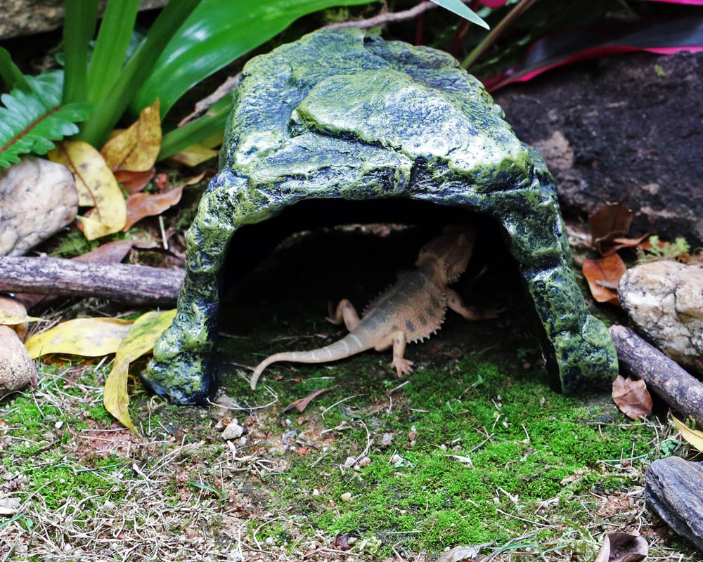 Mobell Rock Hide Cave terrarium setup image shows integrated decor and functional hiding spot.