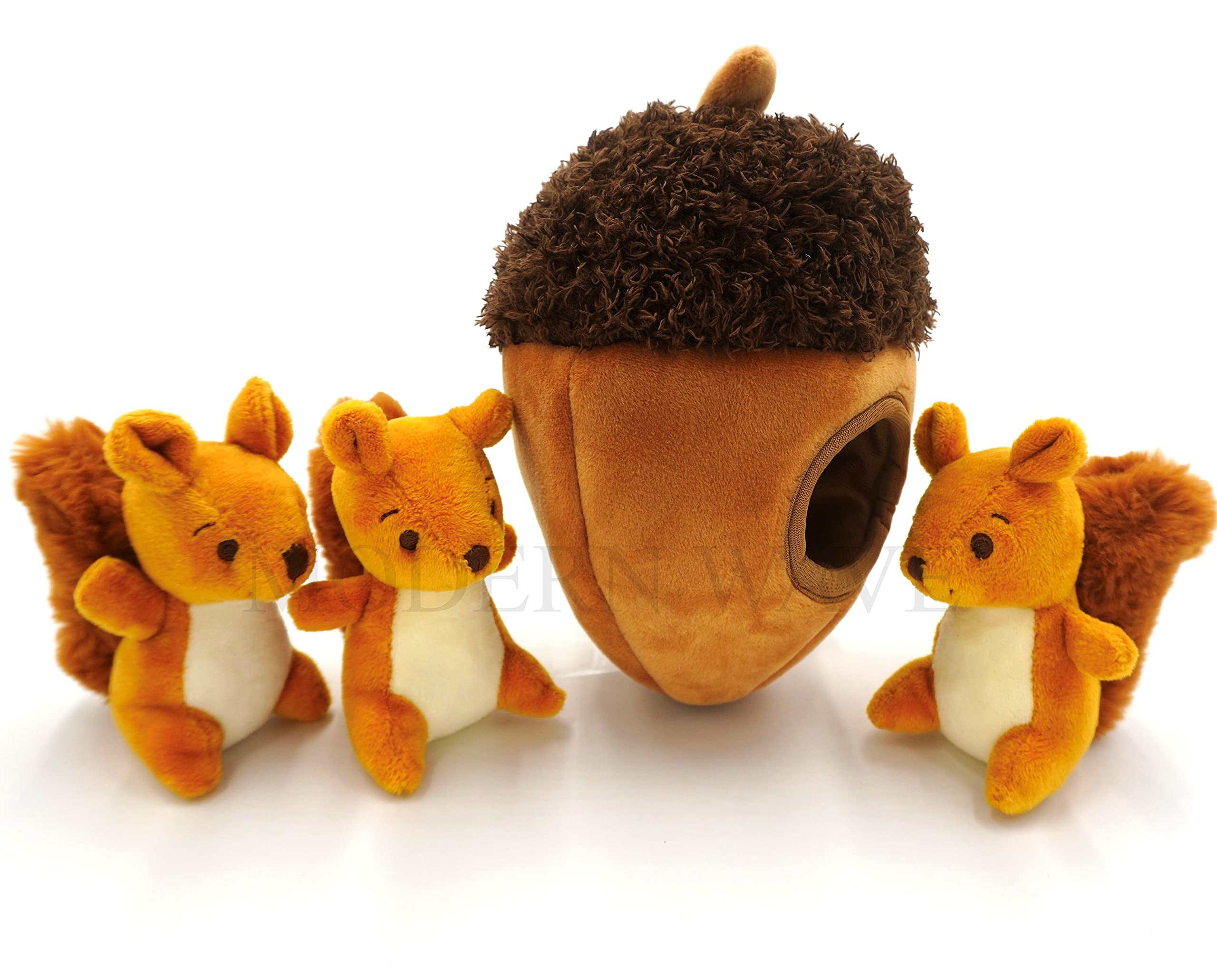 MODERN WAVE interactive squeaky plush squirrel toy for dogs, indoor outdoor play and mental stimulation.