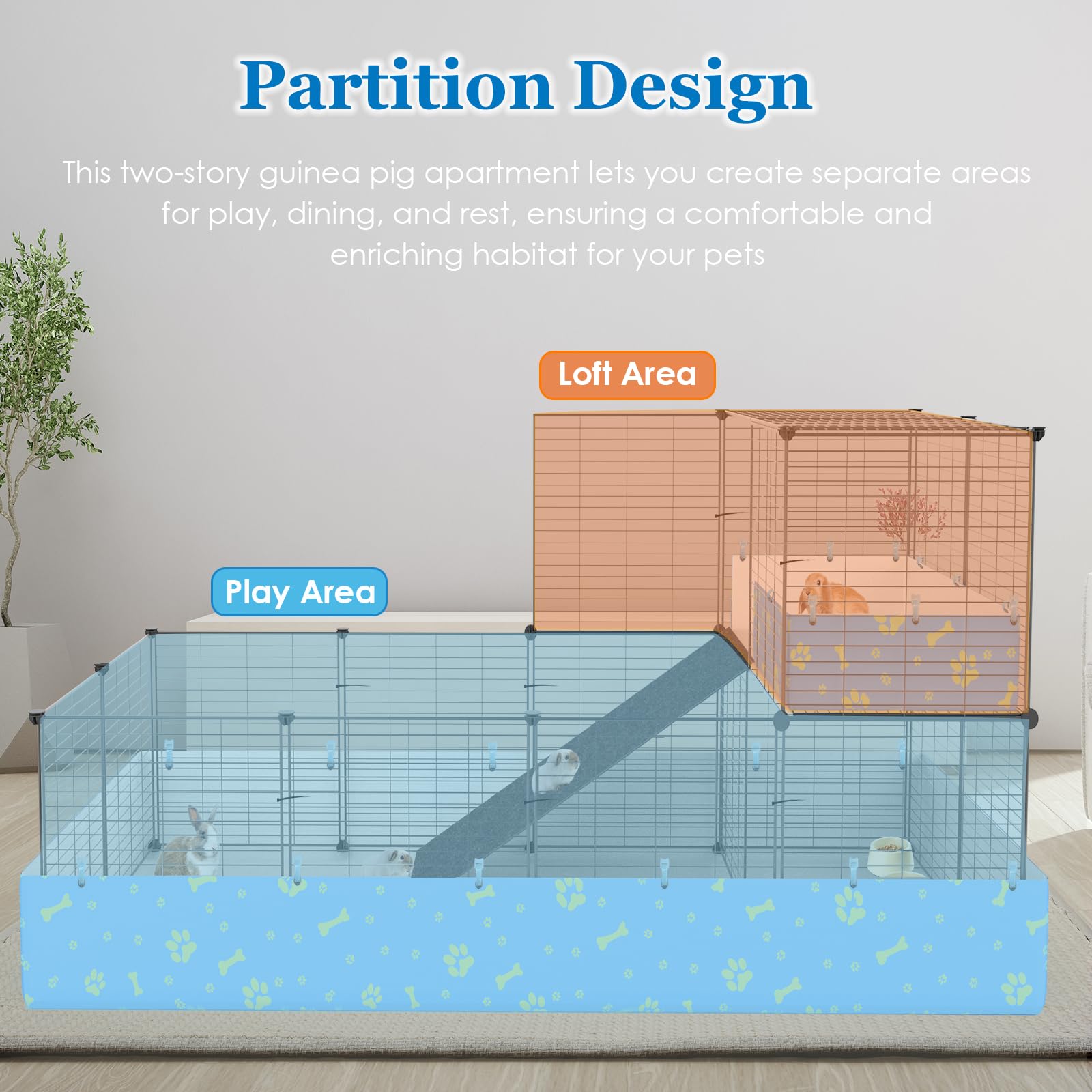 MODESLAB guinea pig cage liner assembly image shows 4-layer bedding for quick absorption