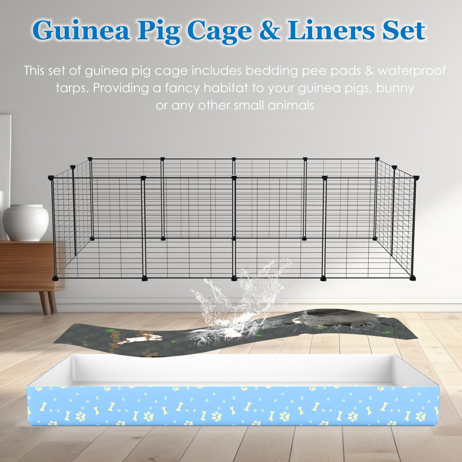 MODESLAB guinea pig cage tarp liner close-up emphasizes leakproof protection and easy cleaning