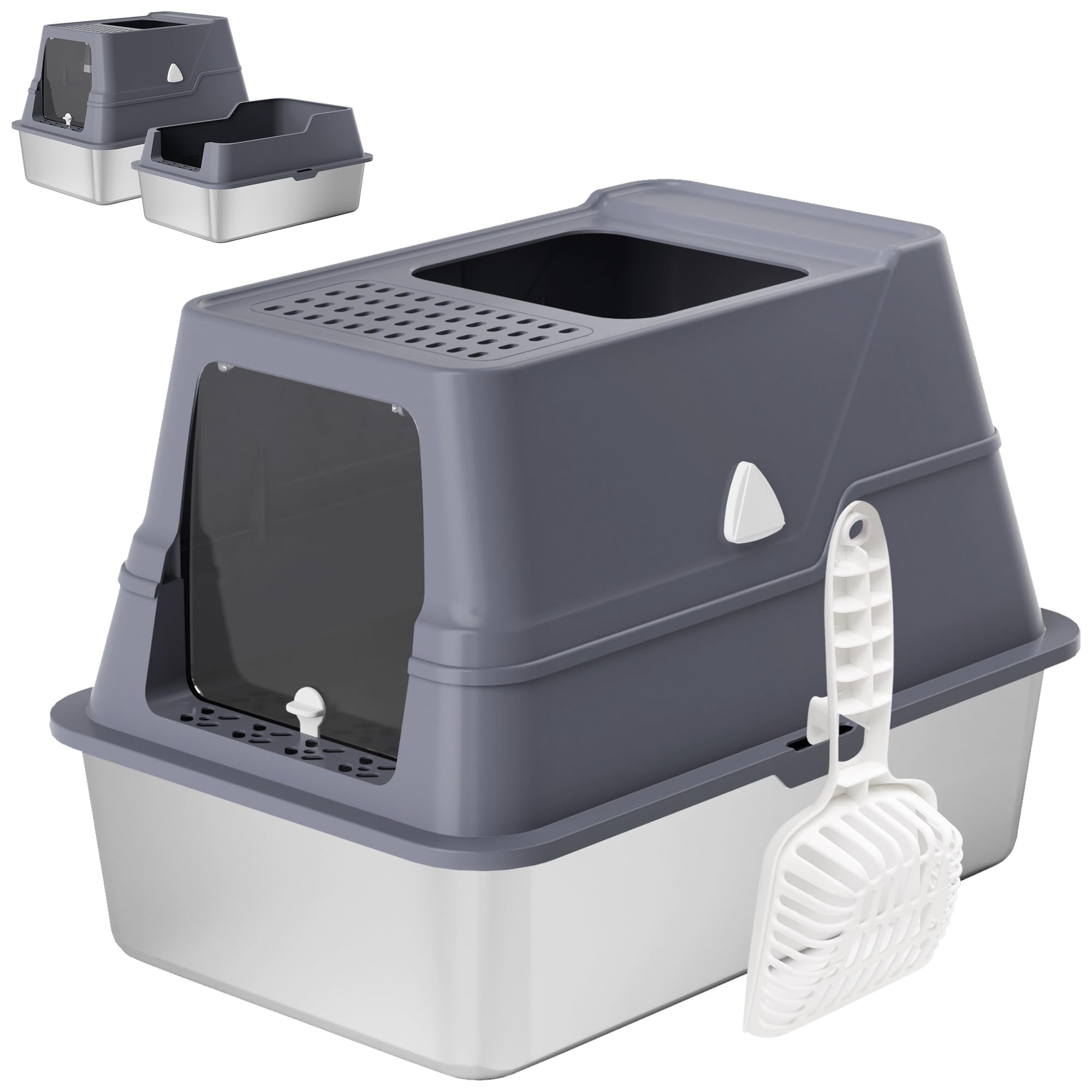 Modign XL stainless litter box front view highlights roomy privacy for cats