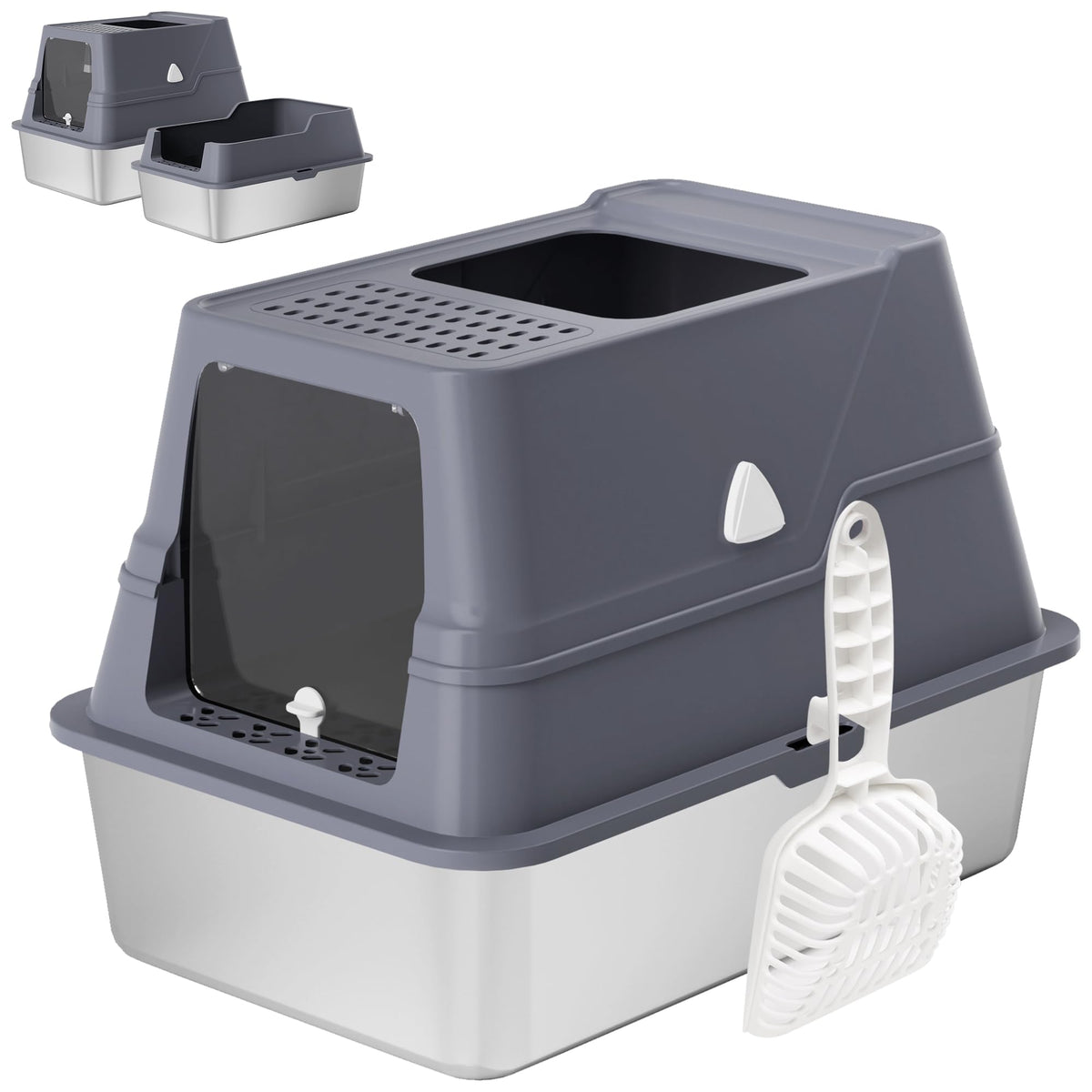 Modign XL stainless litter box front view highlights roomy privacy for cats