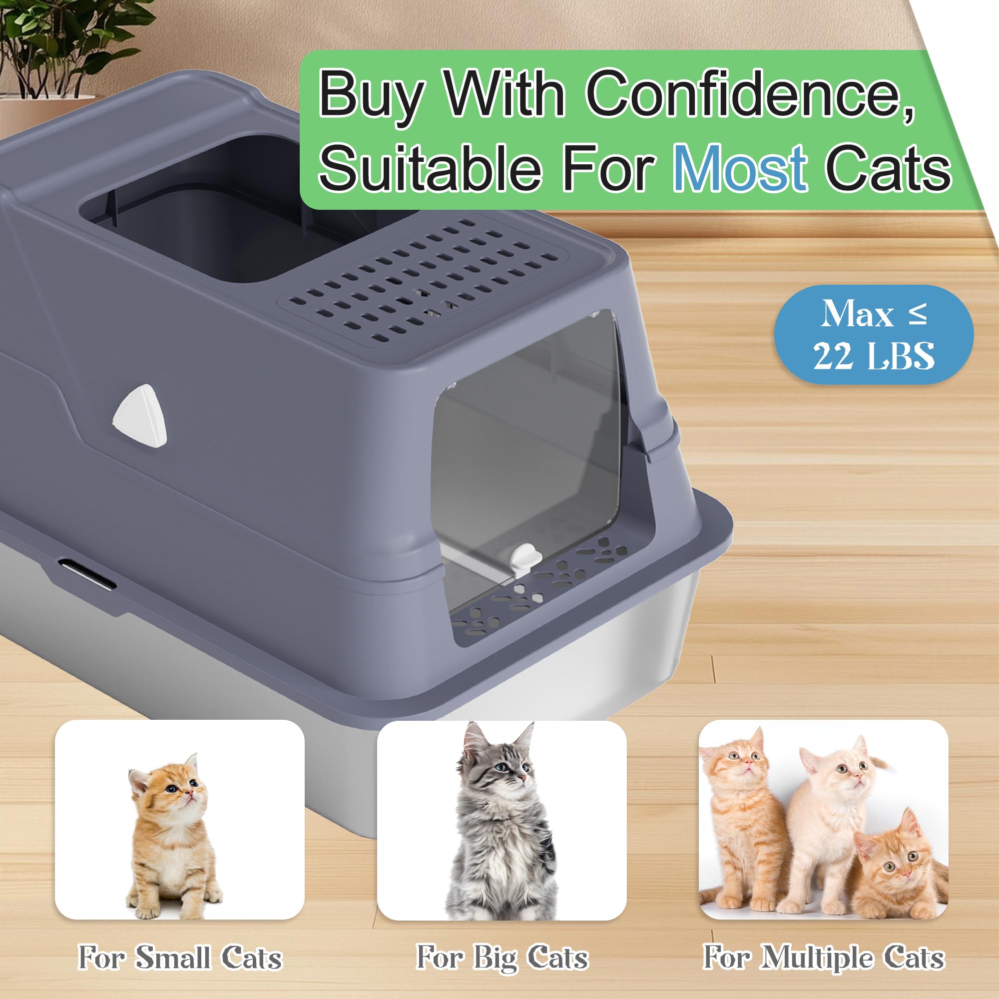Modign XL stainless litter box side view shows high walls to reduce scatter