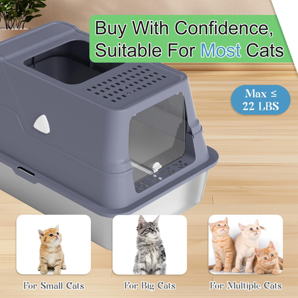Modign XL stainless litter box side view shows high walls to reduce scatter