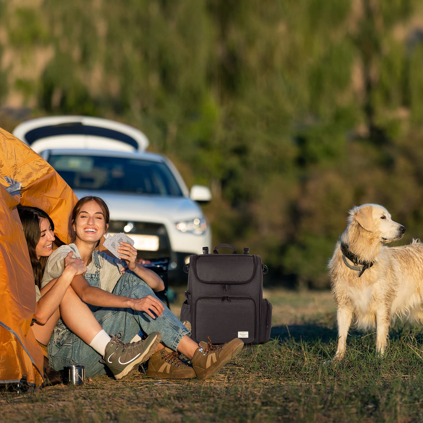 Modoker dog travel bag pet mat emphasizes convenient feeding surface during rest stops.