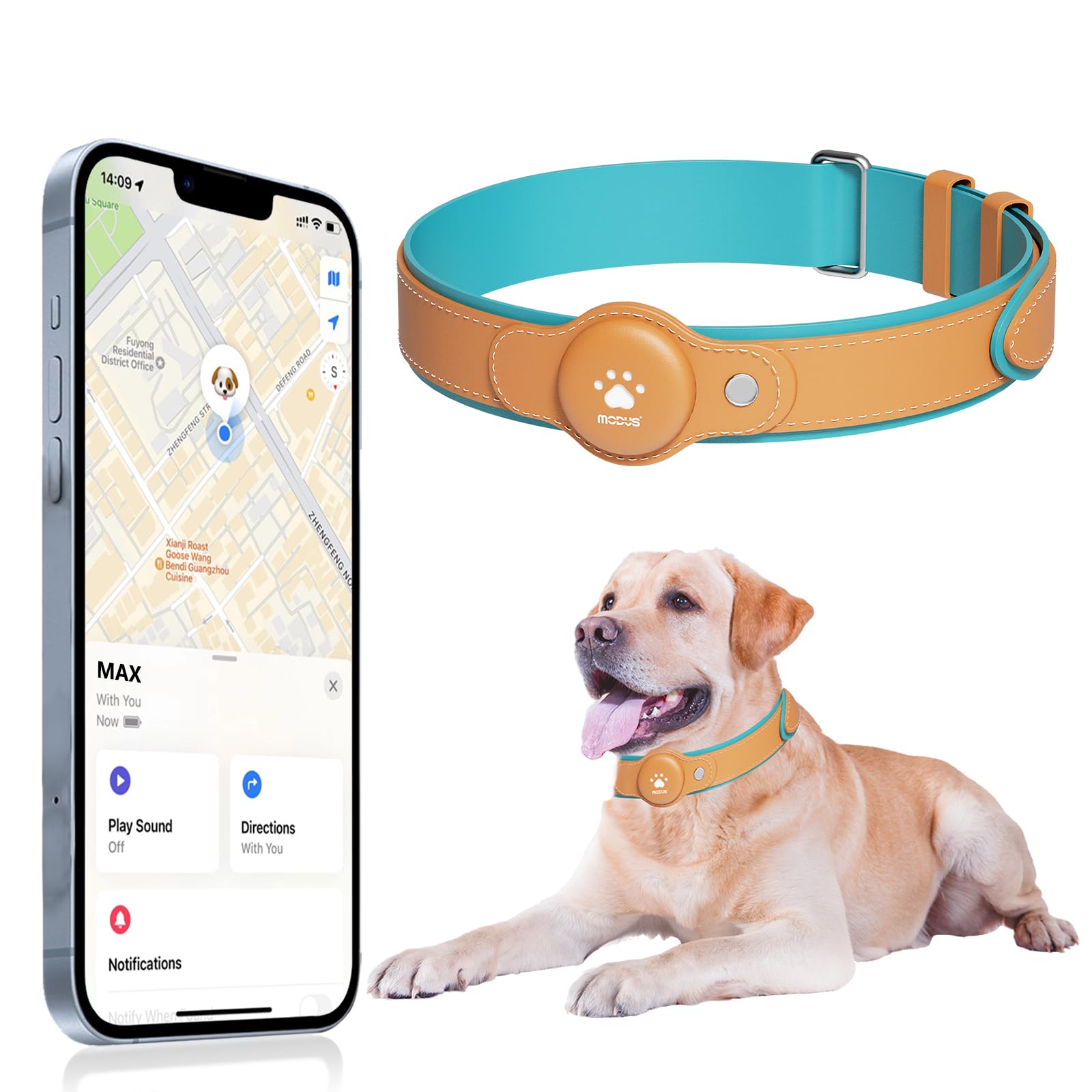 MODUS GPS tracker collar closeup shows durable PU material for outdoor wear.
