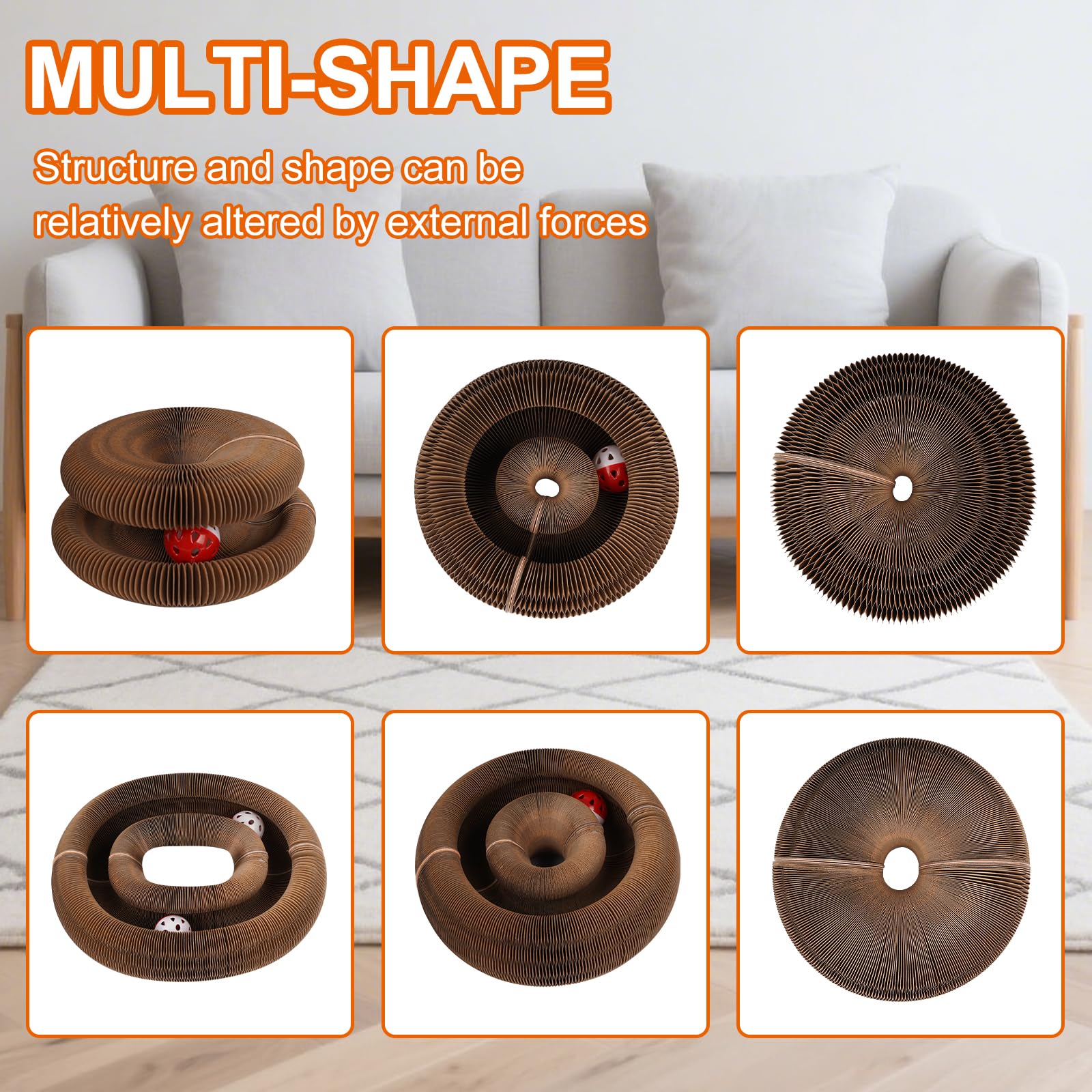 MoeQOassis cat scratcher includes bell-ball for interactive excitement.