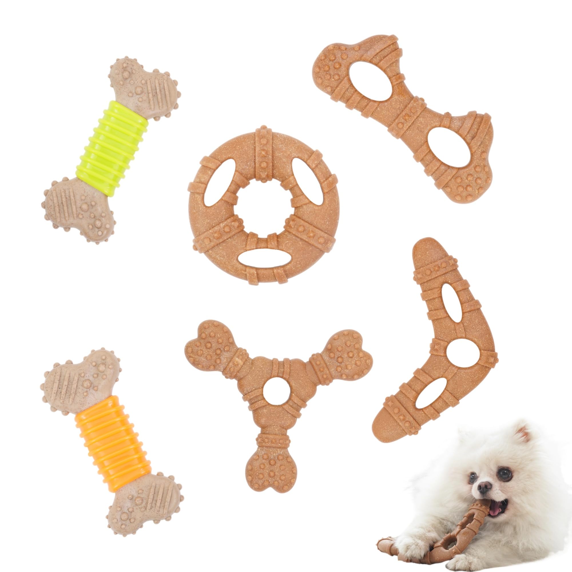 MoeSoce Puppy Chew Toys 6 Pack packshot highlighting durable shapes for small dogs.