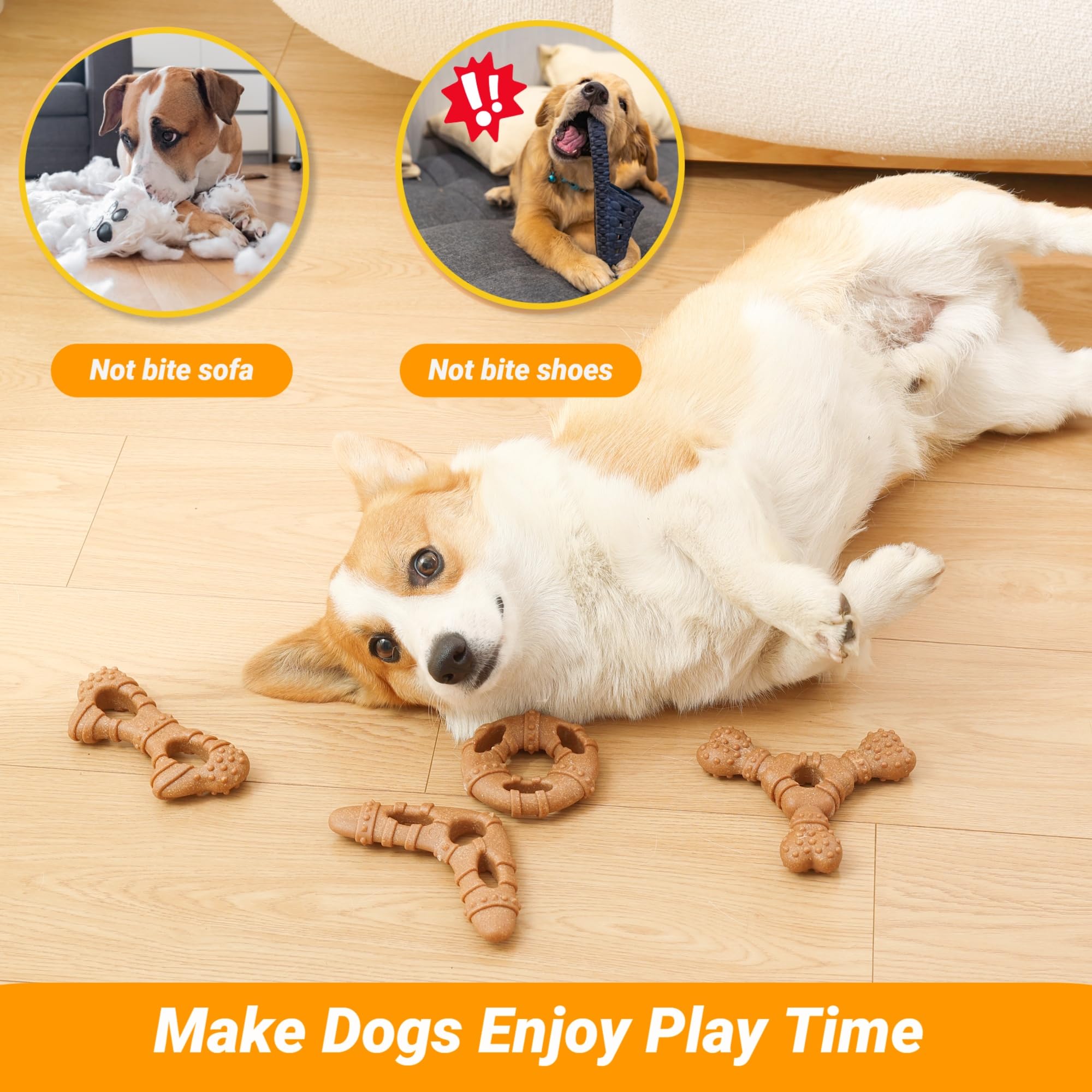 MoeSoce Puppy Chew Toys in action shows 30lbs and under dogs enjoying.