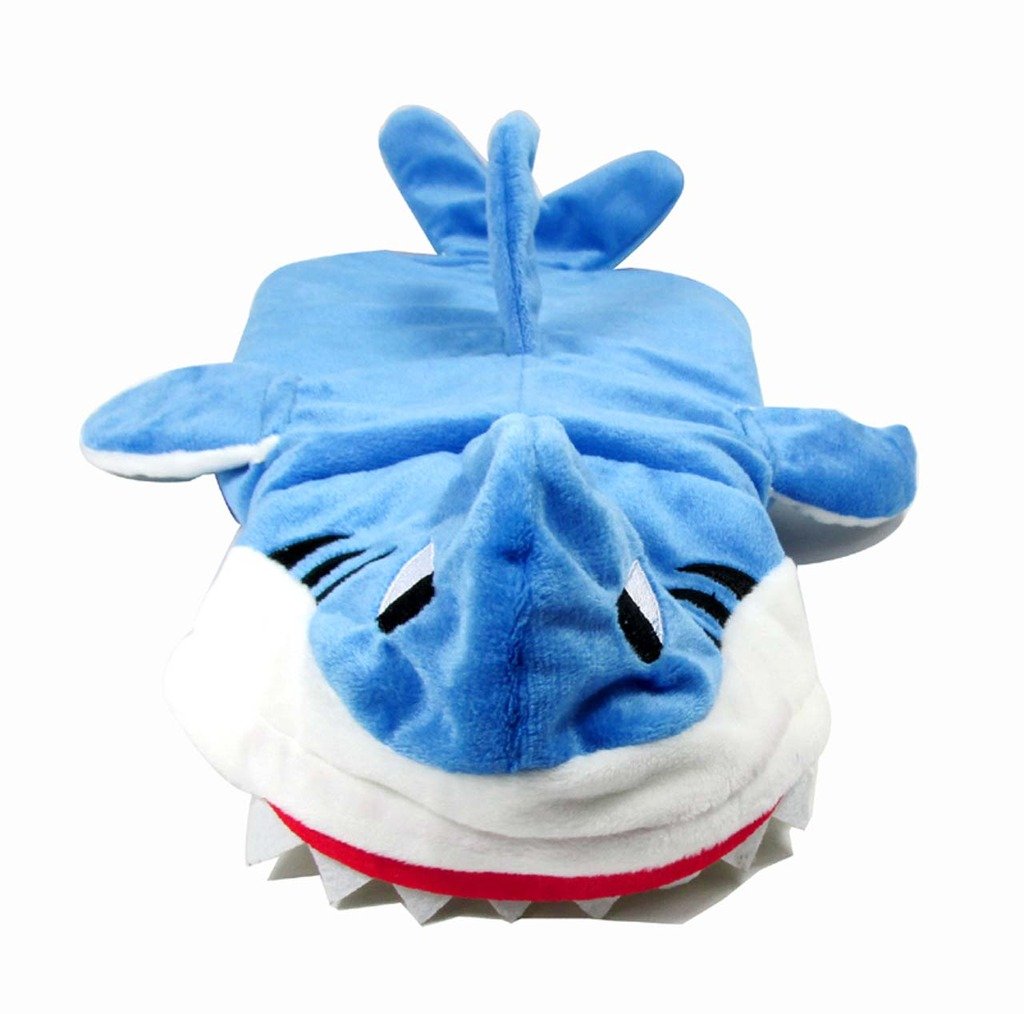 Mogoko shark-costume dog hoodie back view demonstrates easy on/off with closure.