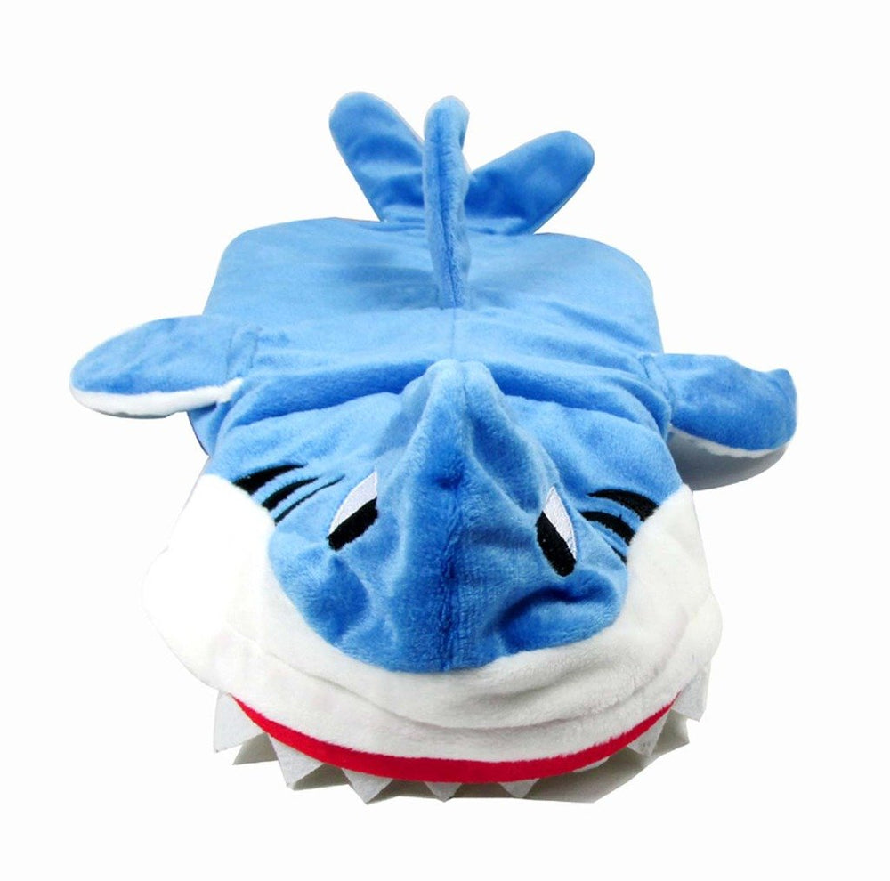 Mogoko shark-costume dog hoodie back view demonstrates easy on/off with closure.