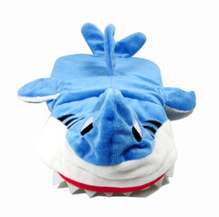 Mogoko shark-costume dog hoodie back view demonstrates easy on/off with closure.