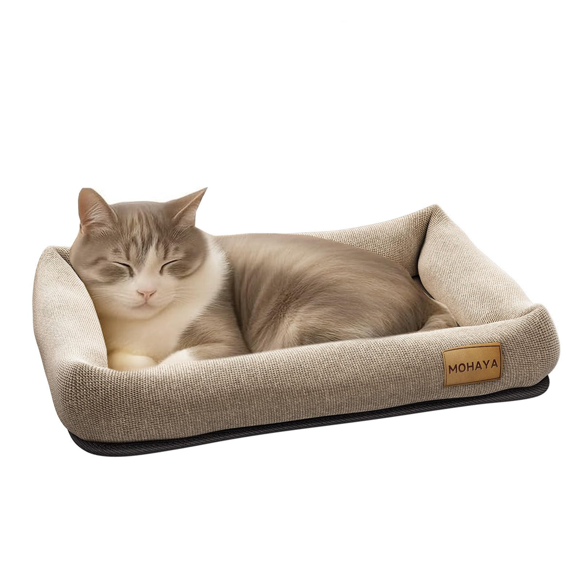 MOHAYA 2-in-1 pet bed overview highlights breathable jute and cotton for cooling comfort.