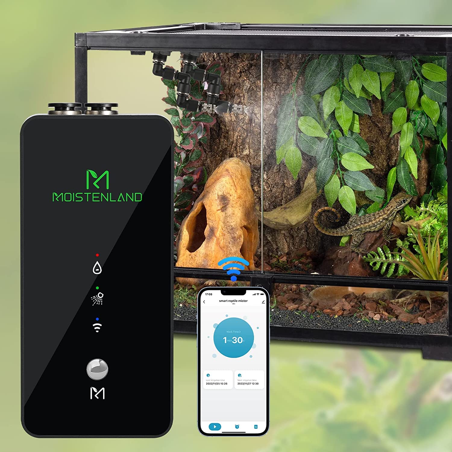 Moistenland WiFi Mister terrarium-setup enables quick, consistent humidity for reptiles.