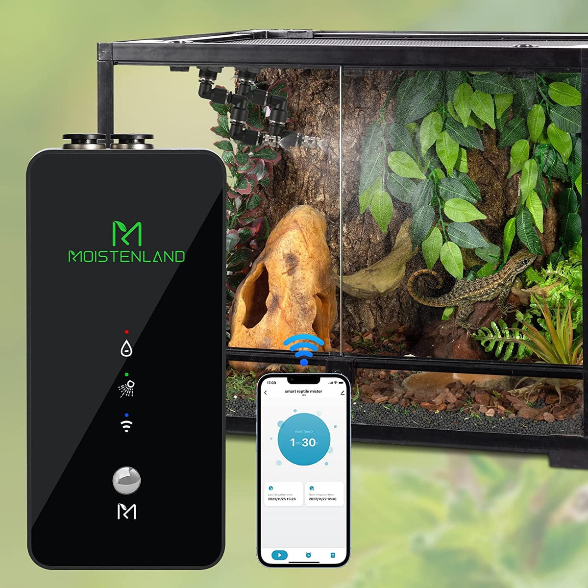Moistenland WiFi Mister terrarium-setup enables quick, consistent humidity for reptiles.