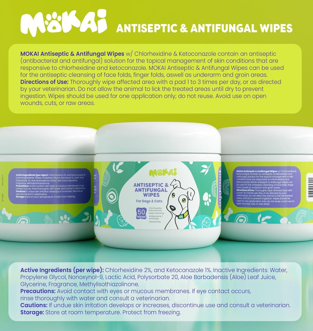 MOKAI antiseptic wipes close-up ingredients highlight chlorhexidine and ketoconazole for irritated skin relief.