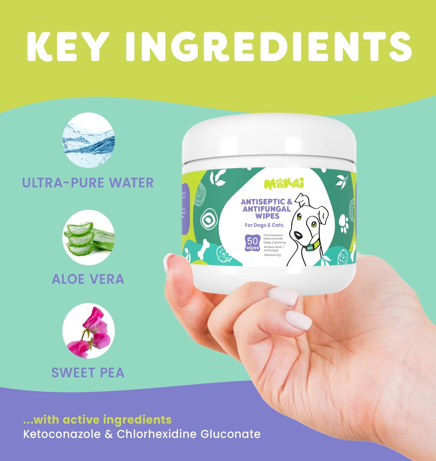 MOKAI antiseptic wipes hotspots demo shows soothing treatment during a pet care routine.