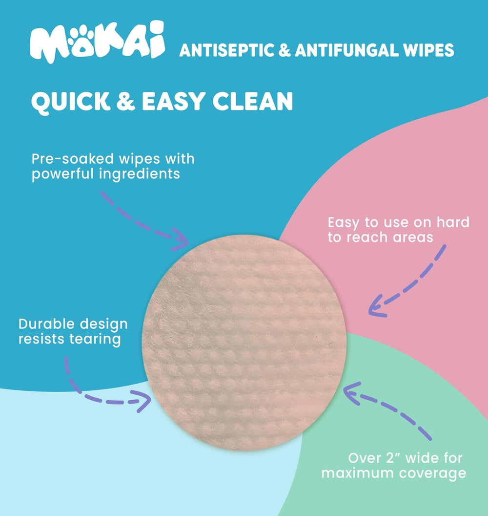 MOKAI antiseptic wipes pets care scene reveals vet-approved care for skin comfort.