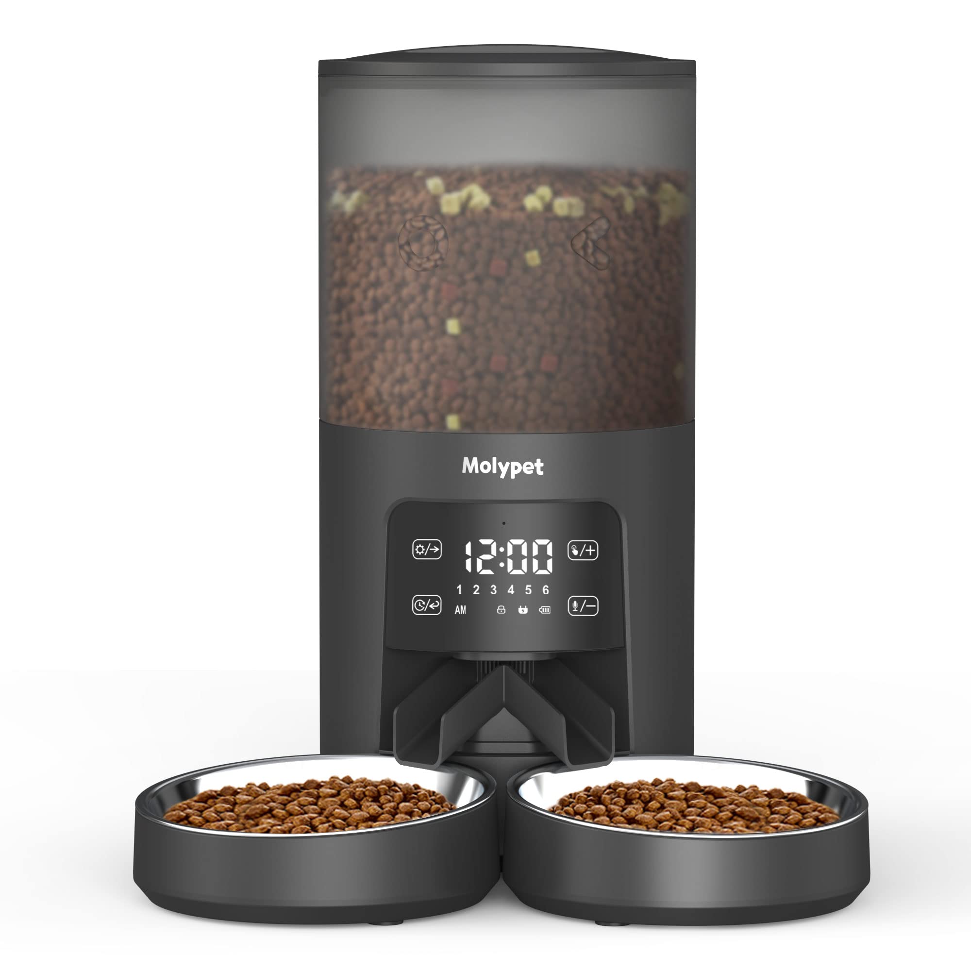 Molypet automatic feeder with double bowls ready for two-cat feeding, balanced portions.