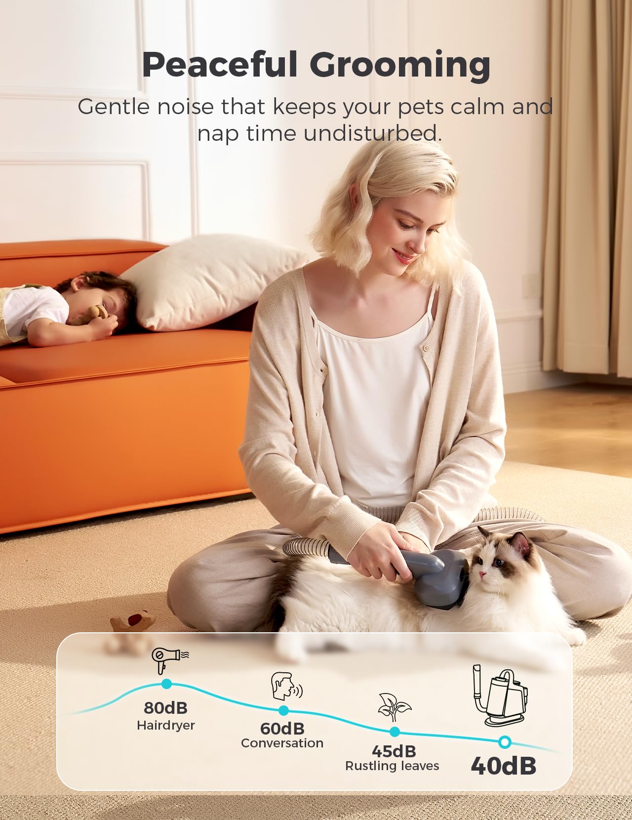MomcozyPet FurEase quiet grooming at 45dB eases nervous pets.
