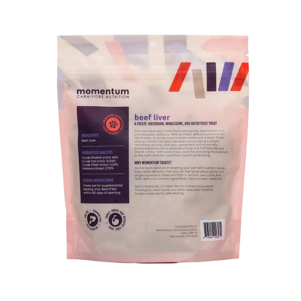 Momentum Carnivore Nutrition beef liver treats bag-back view emphasizes single-ingredient, grain-free nutrition