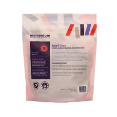 Momentum Carnivore Nutrition beef liver treats bag-back view emphasizes single-ingredient, grain-free nutrition