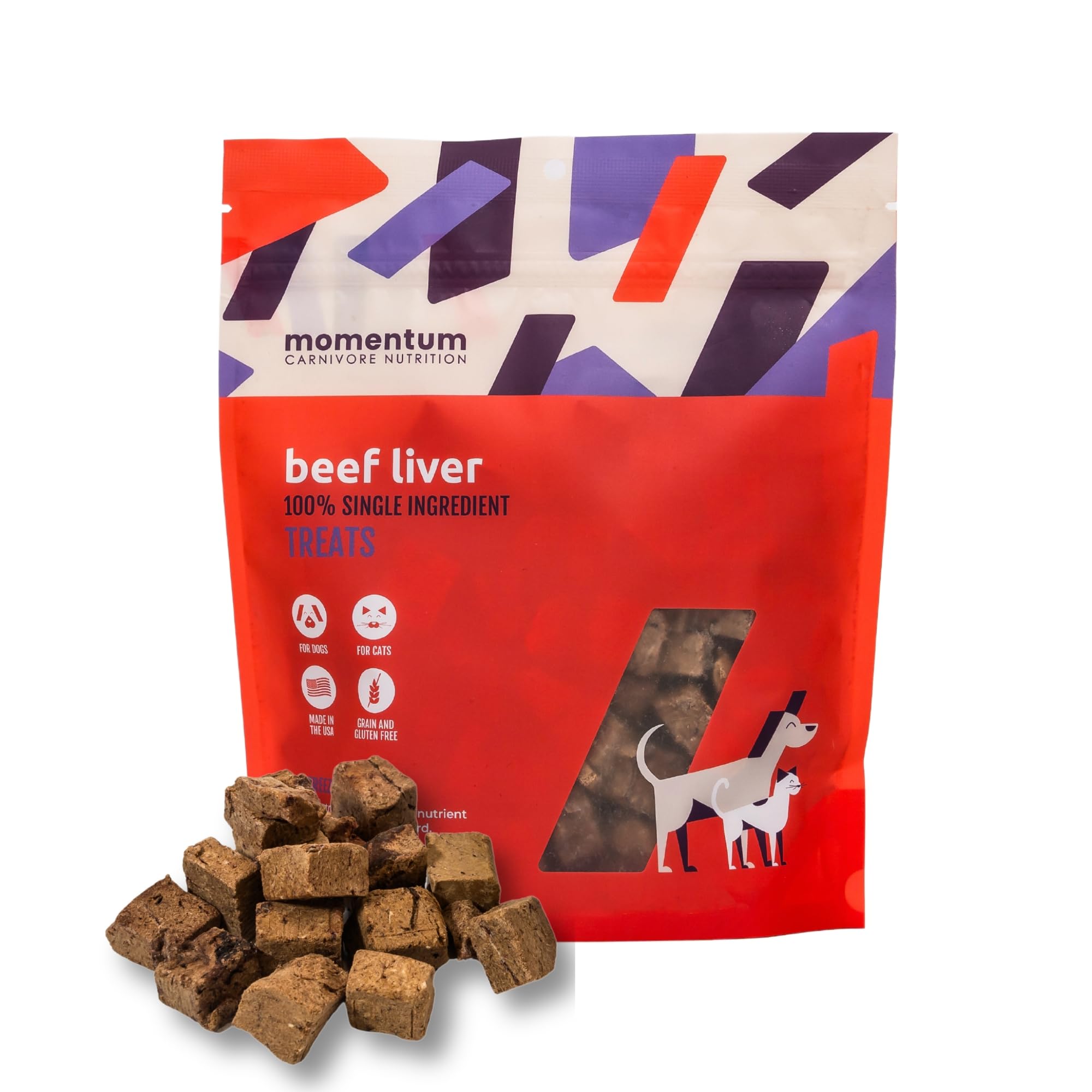 Momentum Carnivore Nutrition beef liver treats bag-front view highlights single-ingredient, high-protein nutrition for training rewards