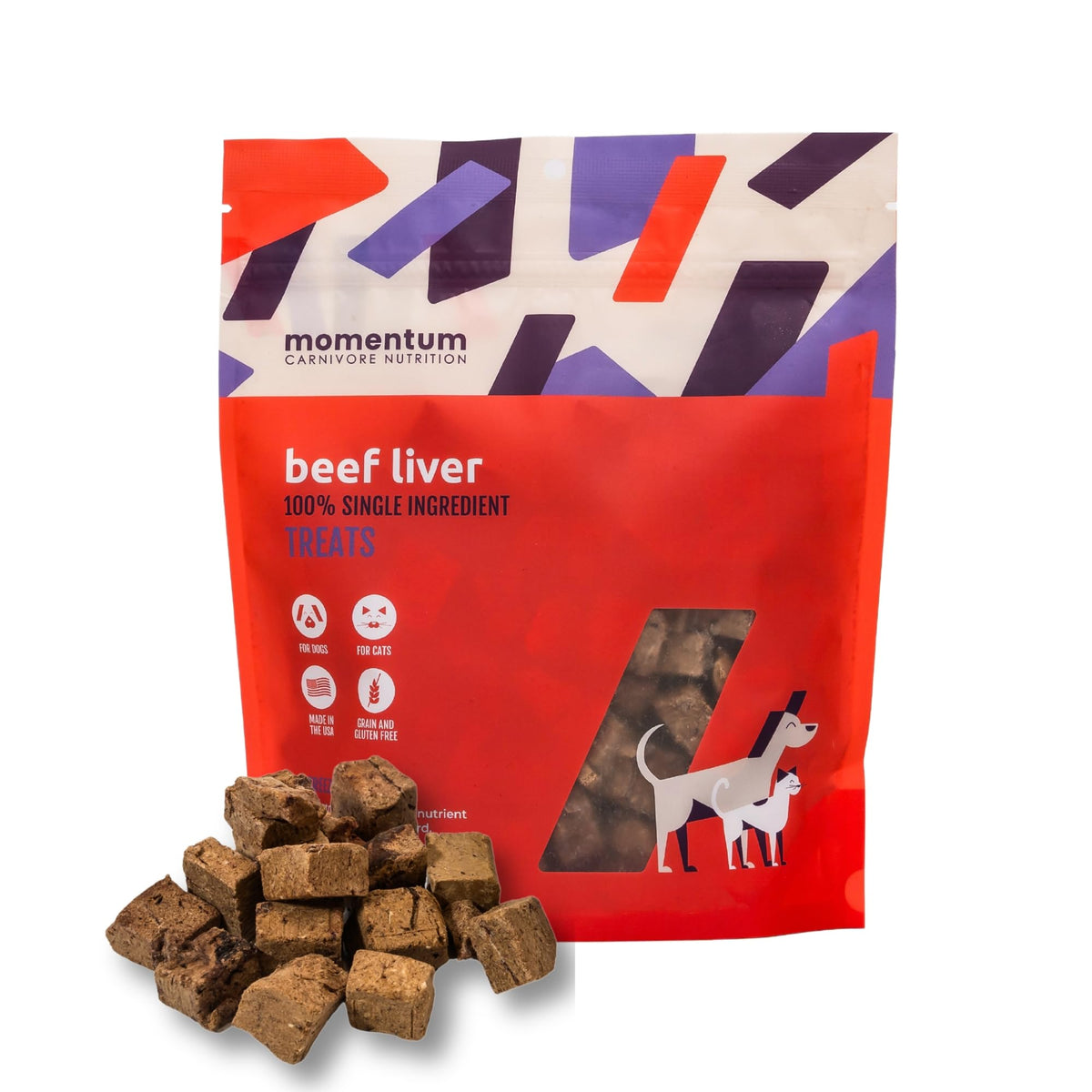Momentum Carnivore Nutrition beef liver treats bag-front view highlights single-ingredient, high-protein nutrition for training rewards
