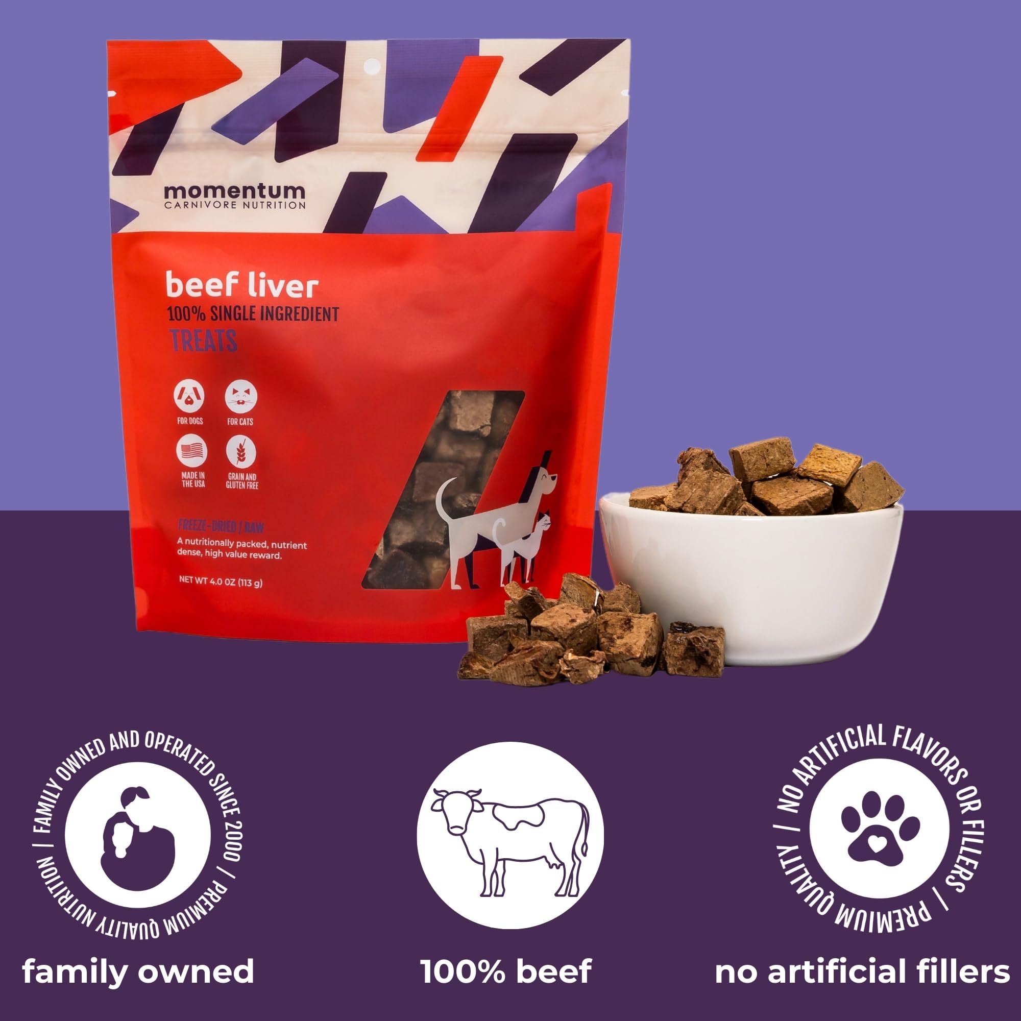 Momentum Carnivore Nutrition beef liver treats closeup texture shows freeze-dried crunch and aroma
