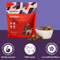 Momentum Carnivore Nutrition beef liver treats closeup texture shows freeze-dried crunch and aroma