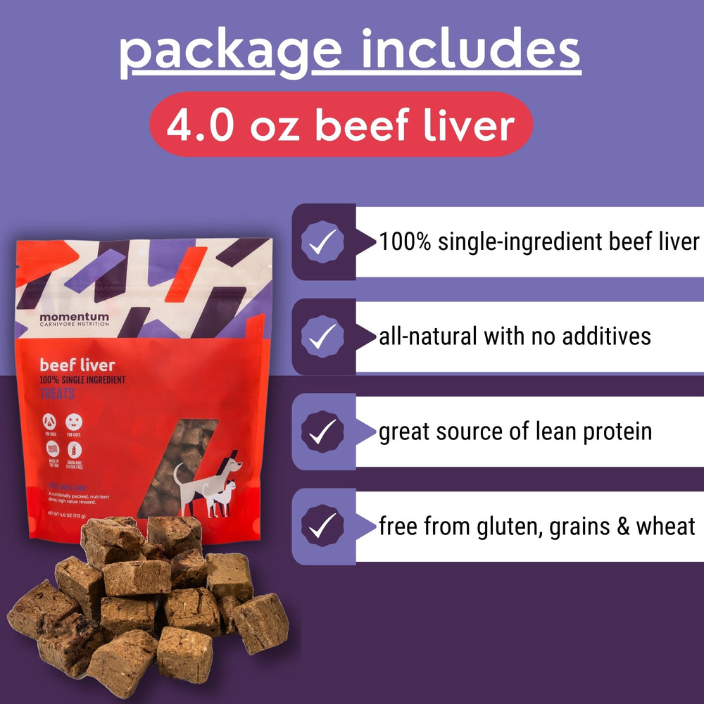 Momentum Carnivore Nutrition beef liver treats dog-sniff close-up shows pet-friendly, high-protein reward