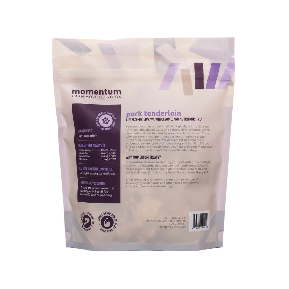 Momentum Carnivore Pork Tenderloin Treats packaging-closeup highlights grain-free nutrition