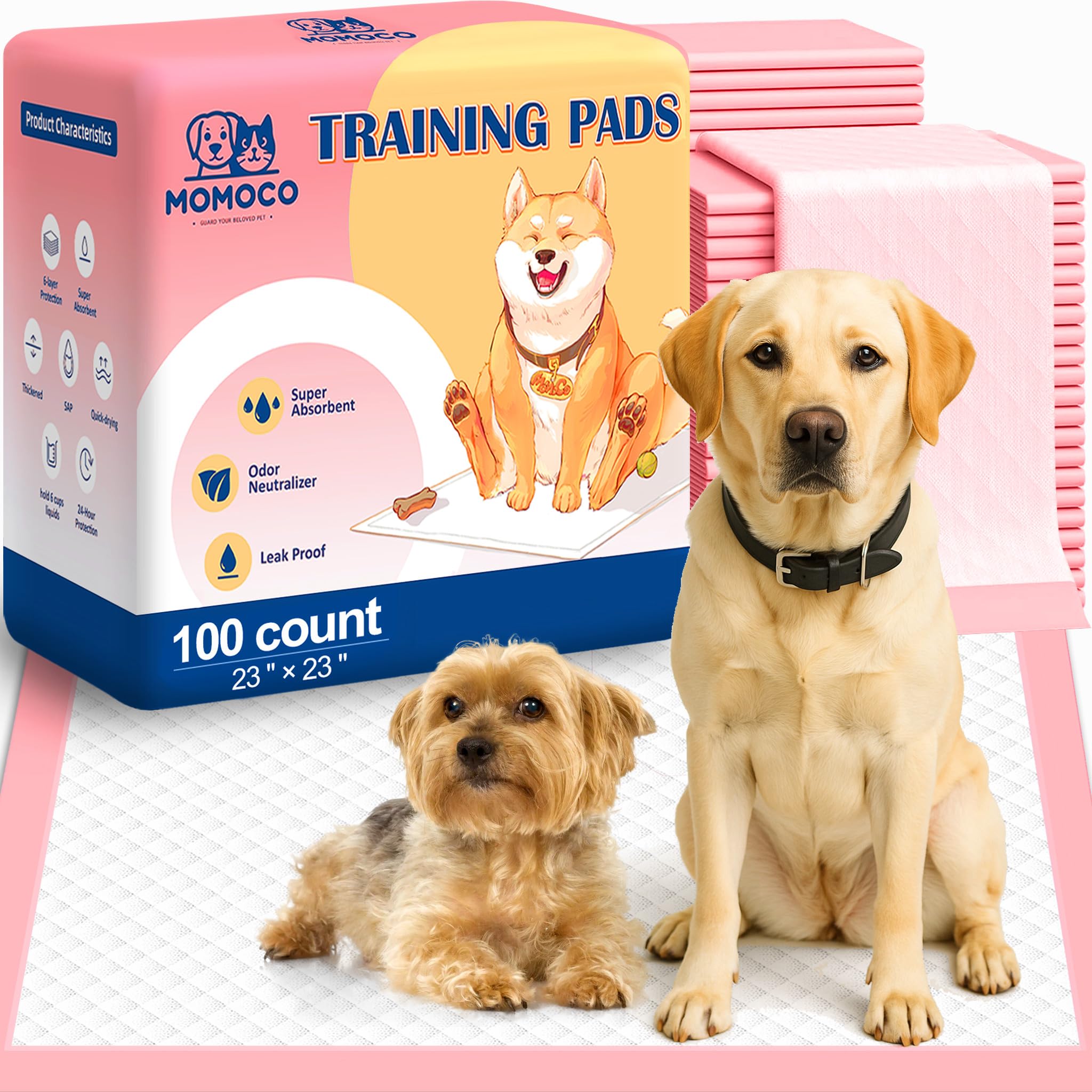 MoMoCo Puppy Pads packaging shows premium pink design for quick setup