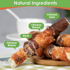 MON2SUN 6-inch chicken liver duck wrapped rawhide chew promotes satisfying chew sessions.