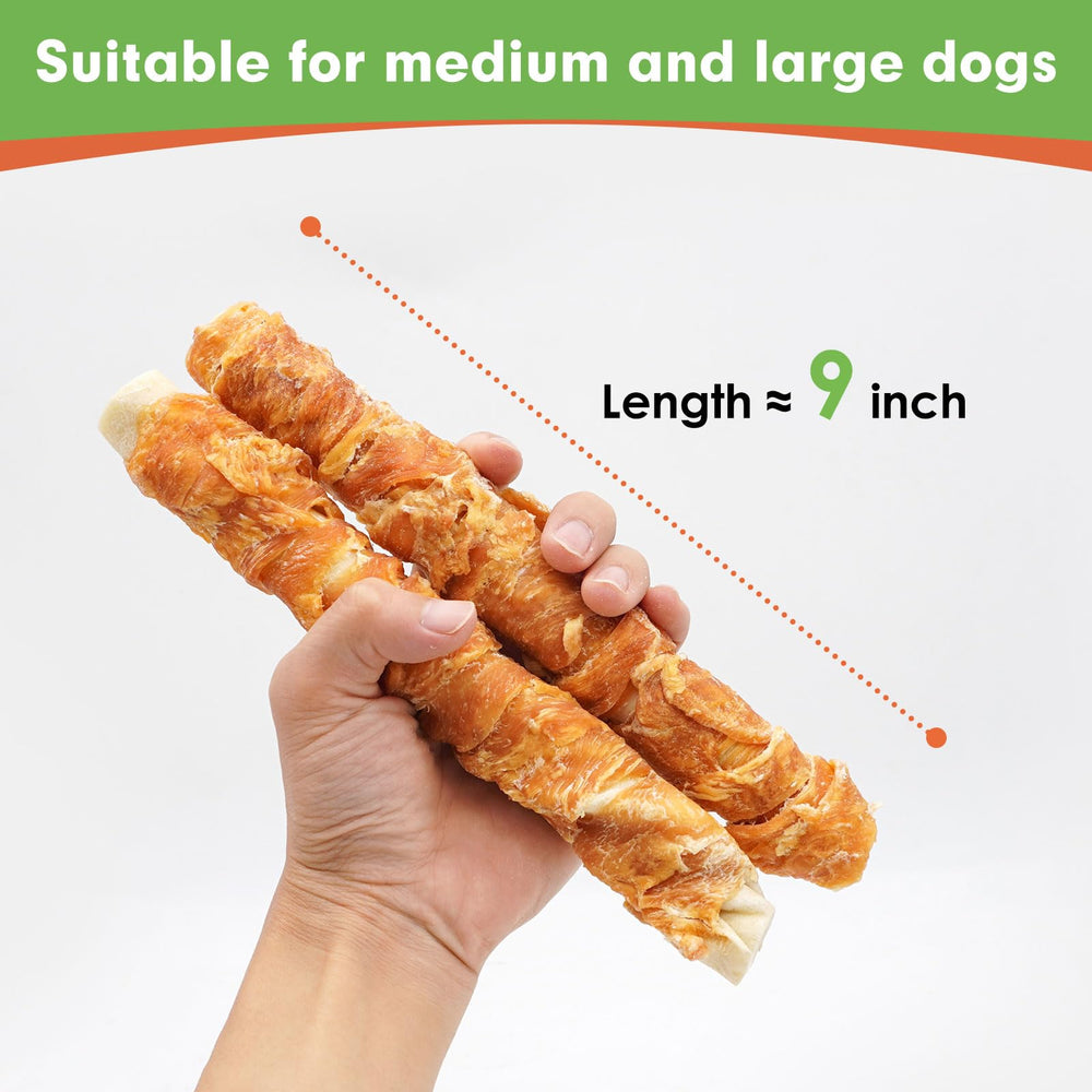 MON2SUN dog treats chicken-wrapped-rawhide closeup — real chicken wrapped around rawhide for natural appeal.