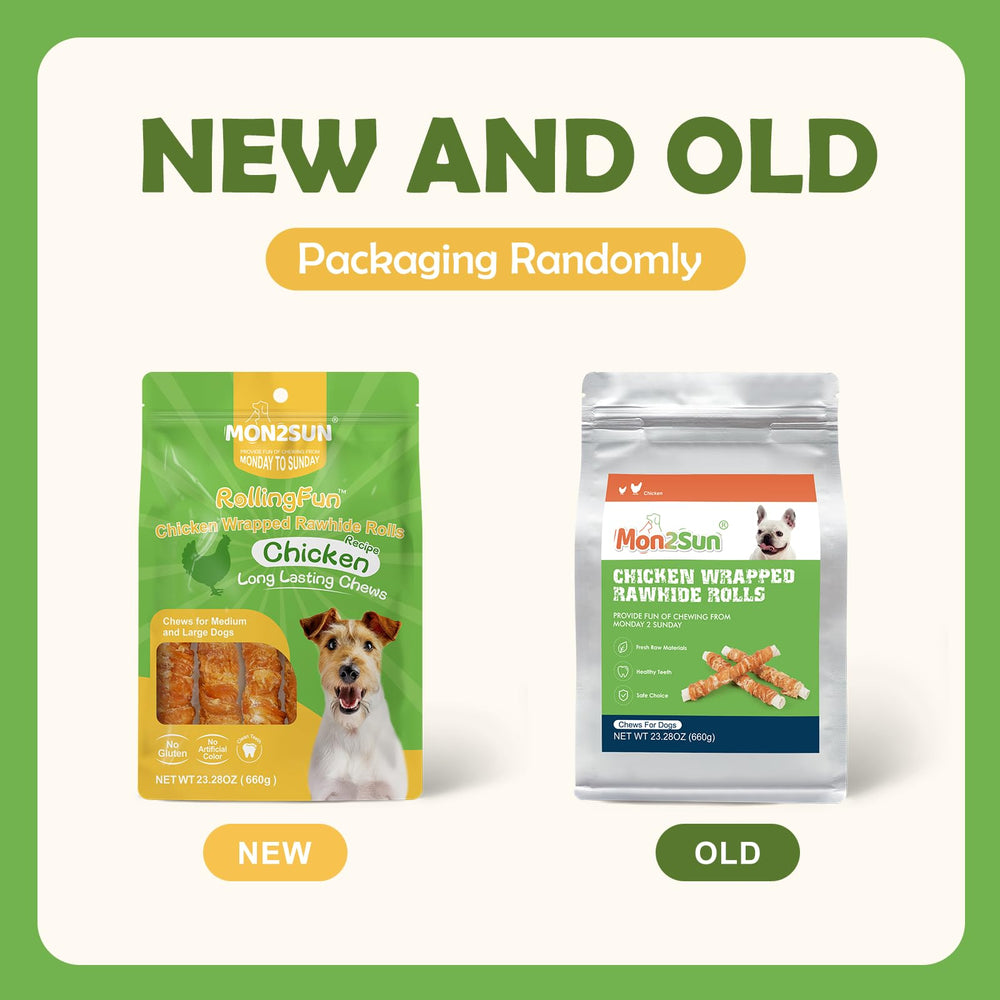 MON2SUN dog treats packaging display — clear packaging highlighting 23.28oz 6-count pack.