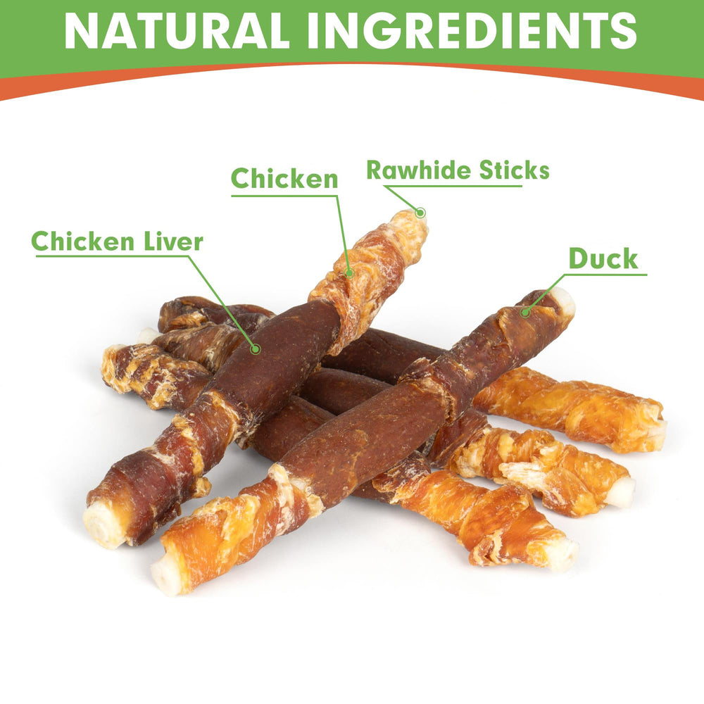 MON2SUN dog treats wrap close-up highlights chicken liver and duck textures wrapped in rawhide