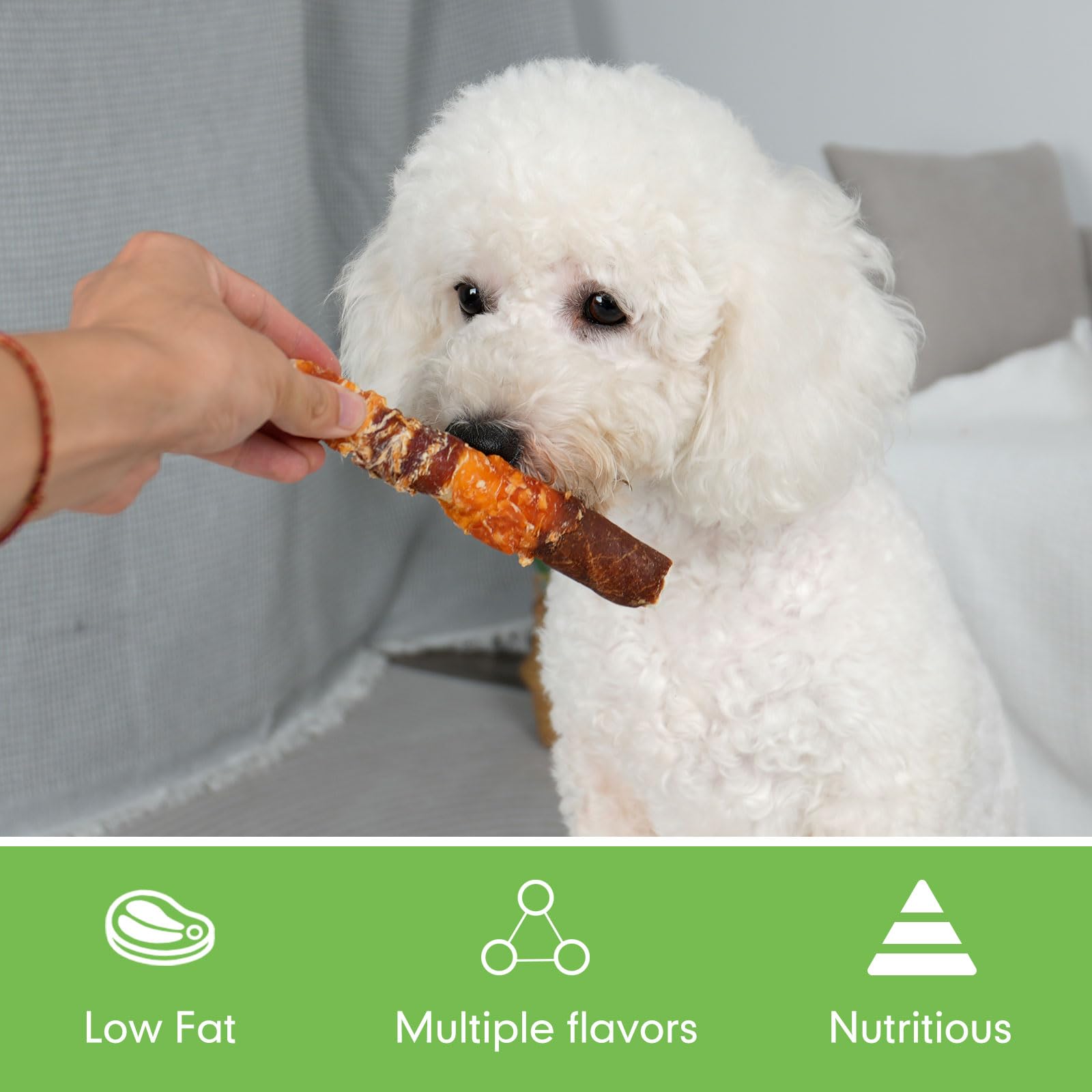 MON2SUN natural ingredients highlight real meat wrapped around rawhide for dogs.