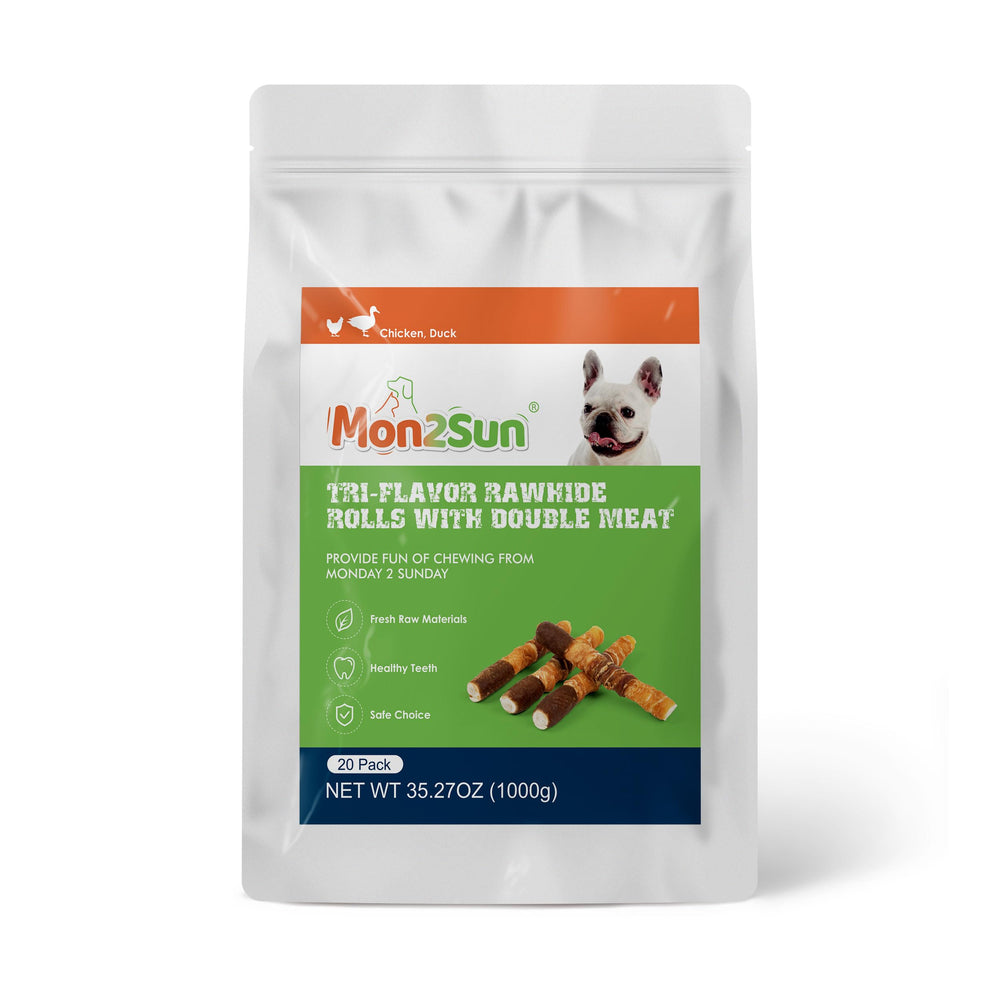MON2SUN triple-flavor mix includes chicken liver, duck, and chicken-wrapped rawhide.