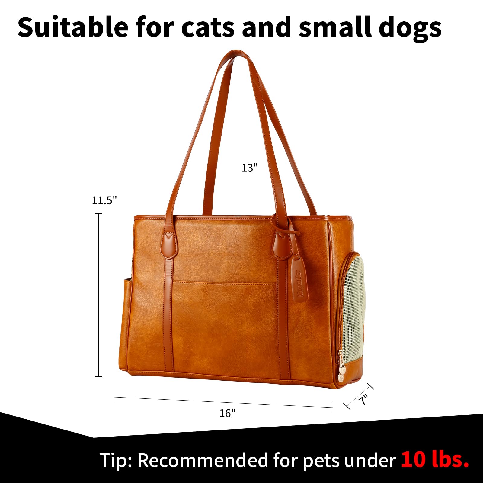 Monanller leather dog purse close-up highlights vegan leather durability.
