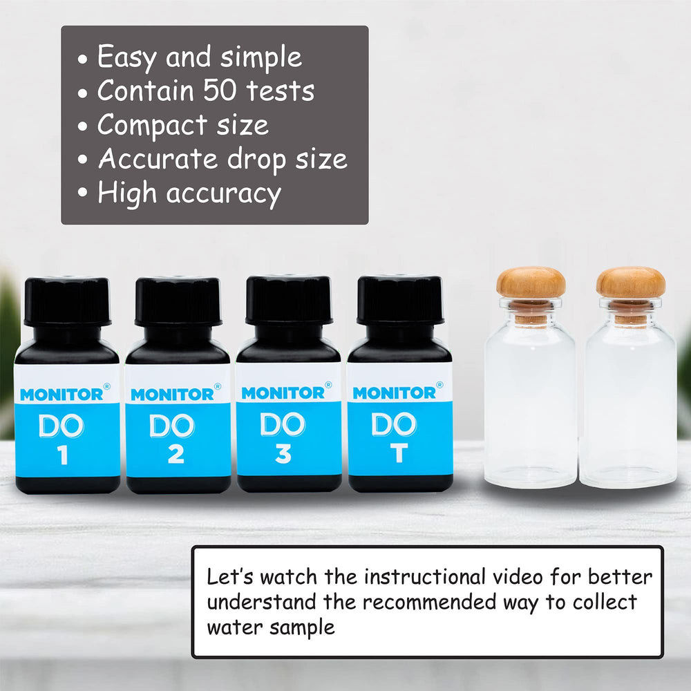 Monitor dissolved oxygen test kit 60 tests setup with glassware and pipettes.
