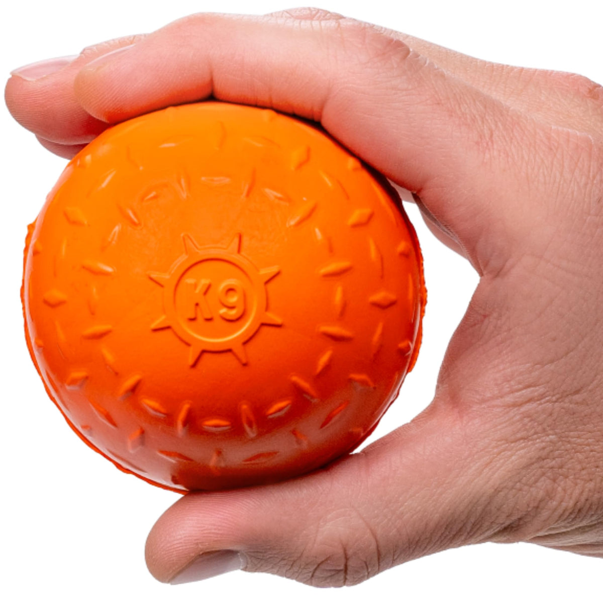 Monster K9 Beast Ball closeup reveals tough natural rubber built for aggressive chewers.