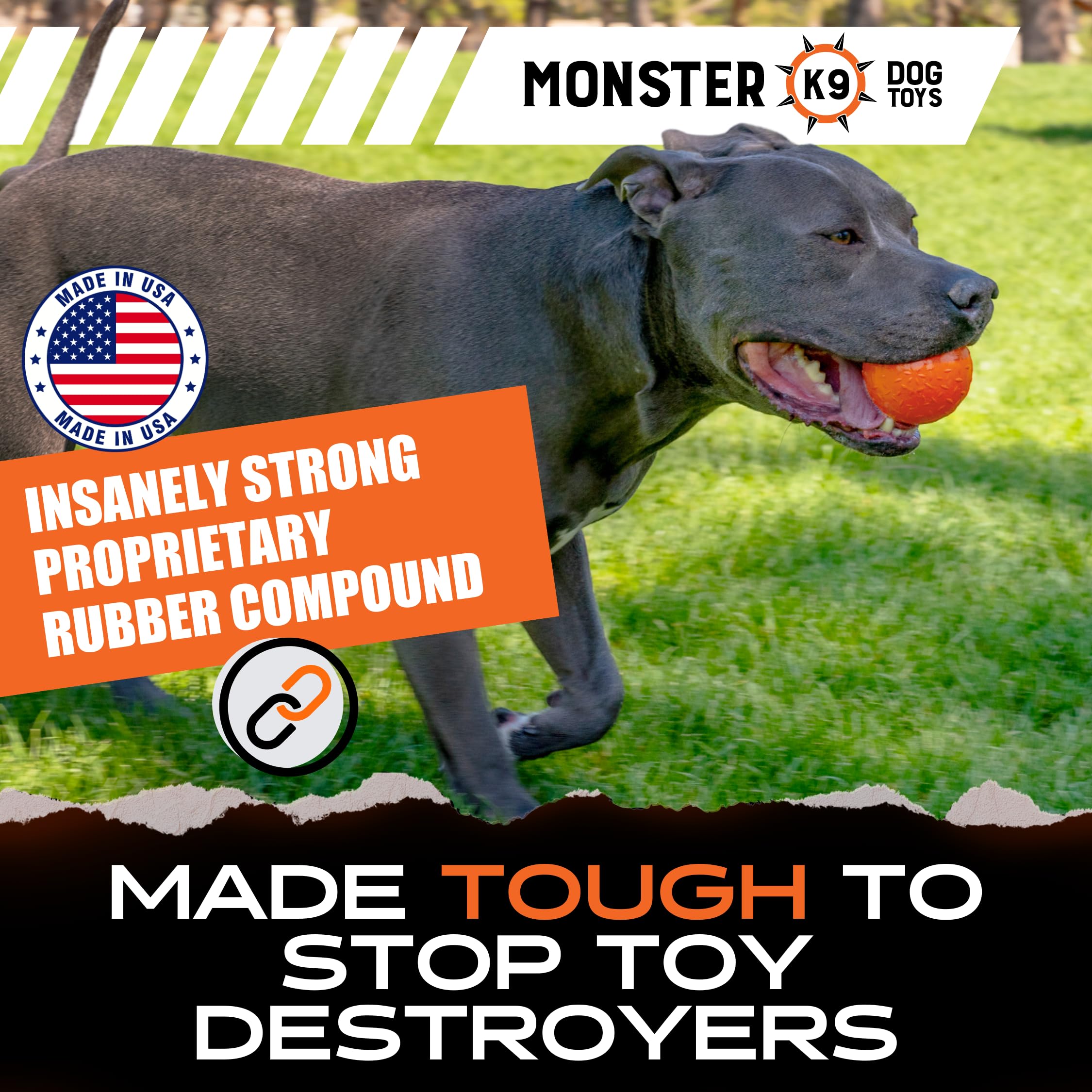 Monster K9 Beast Ball undergoing durability test shows tear-resistant core.